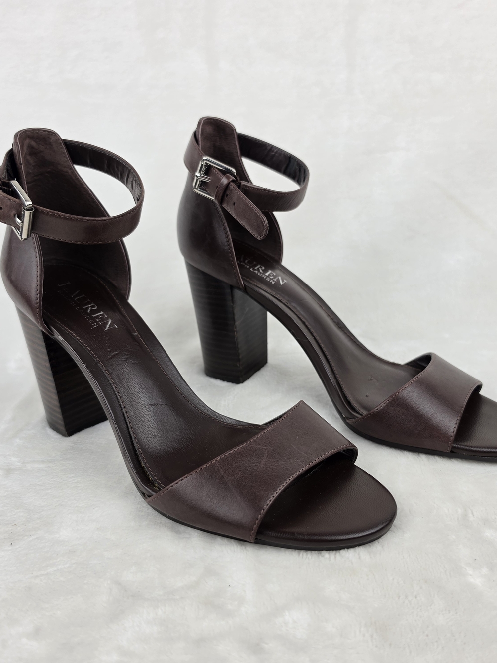 Lauren Ralph Lauren Ankle Strap Sandals Womens 9B Brown Leather Block Heel - Picture 5 of 8
